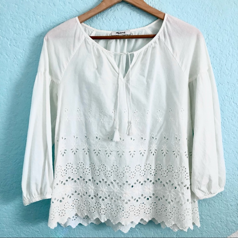 Madewell eyelet lace white top. Semi-sheer, 100% cotton. A-line silhouette.